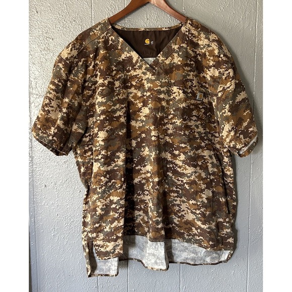 Carhartt Other - Carhartt Brown Camouflage Scrubs Top Men's 2XL Ripstop V-Neck Brown Green